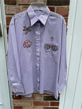 MiLi Designs Woman's S Purple Stripe Sea Life Appliqué Button Up Long Sleeve